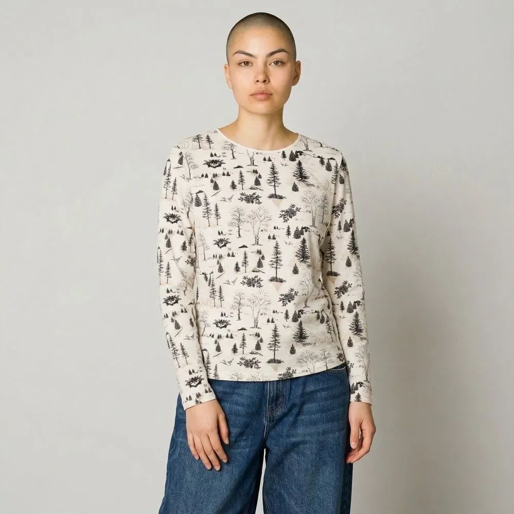 croft & barrow Cream Forest Woods Trees Scenic Print Long-Sleeve Tee Shirt M